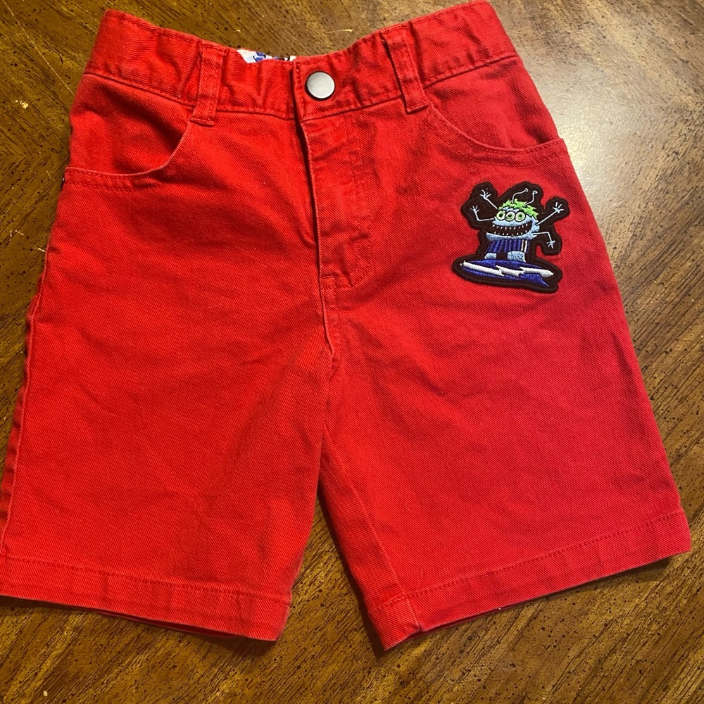 365 Kids SZ 5 Kids Shorts Red Jean Embroidered Monster W/ Button Snap & Zipper